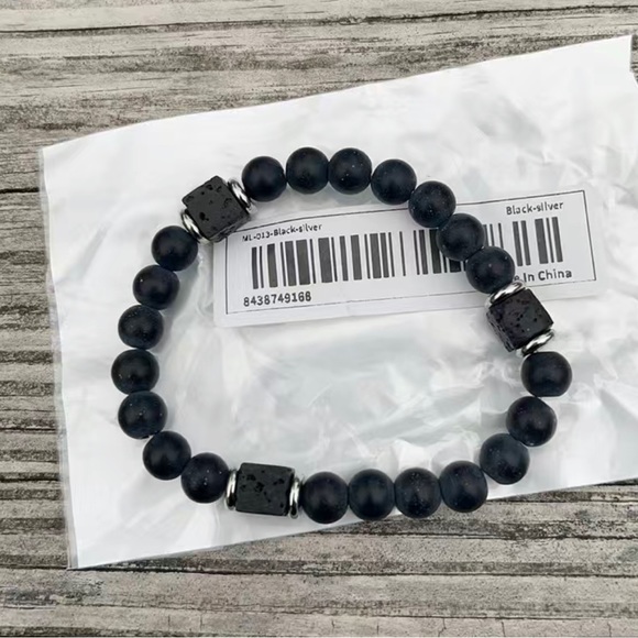 Matte Black Onyx Cubic Lava Stone Beaded Bracelet Stretch Bracelet Men’s NWT - Picture 10 of 10